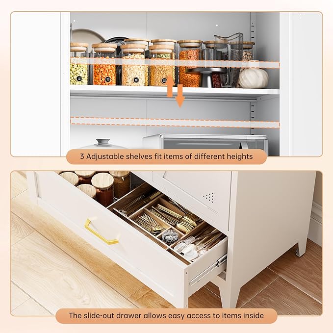 71" White Kitchen Pantry Cabinet,4-Tier Tall Metal Storage Cabinet with Drawer,Freestanding Display Steel Cupboard for Dining Room,Living Room,Hallway,Bathroom