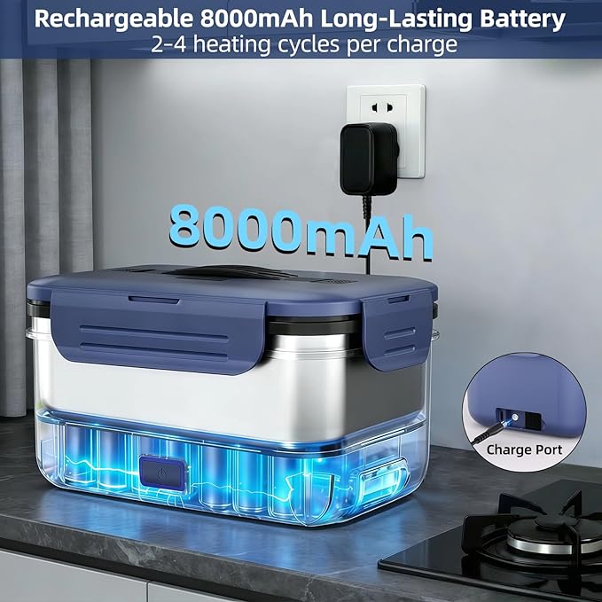 Vingud Cordless Electric Lunch Box for Adults, 1.8L Rechargeable Heated Lunch Box Food Warmer, Portable Self Heating Lunchbox for Mens/Office/Car/Travel, Lonchera El챕ctrica Port찼til Battery Powered