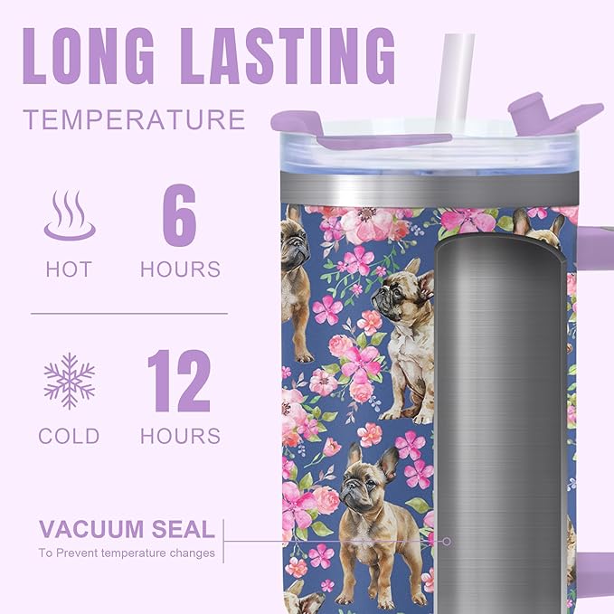 Yogusut Bulldog Gifts for Women, 40oz Stainless Steel Insulated Tumbler Travel Mug Cup with Handle Straw, Gifts for Dog Mom Dog Lover