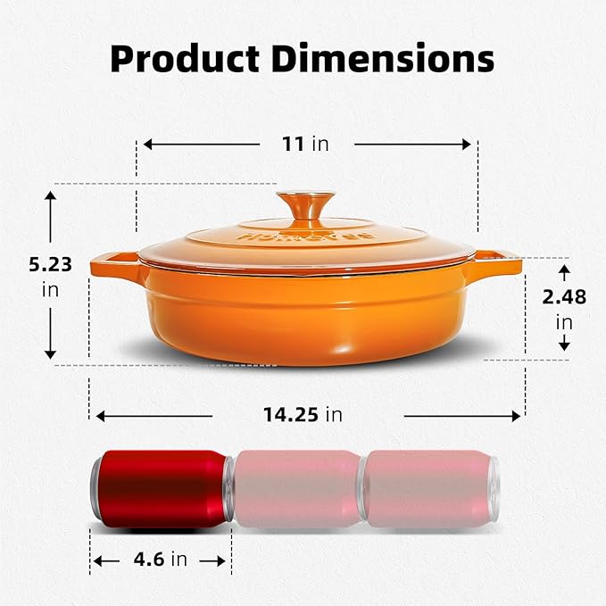 Enameled Cast Iron Dutch Oven - 4 Quart Dutch Oven Pot with Lid - Shallow Cookware Braising Pan - Oven Safe up to 500째 F for Baking, Roasting, and Braising-Orange