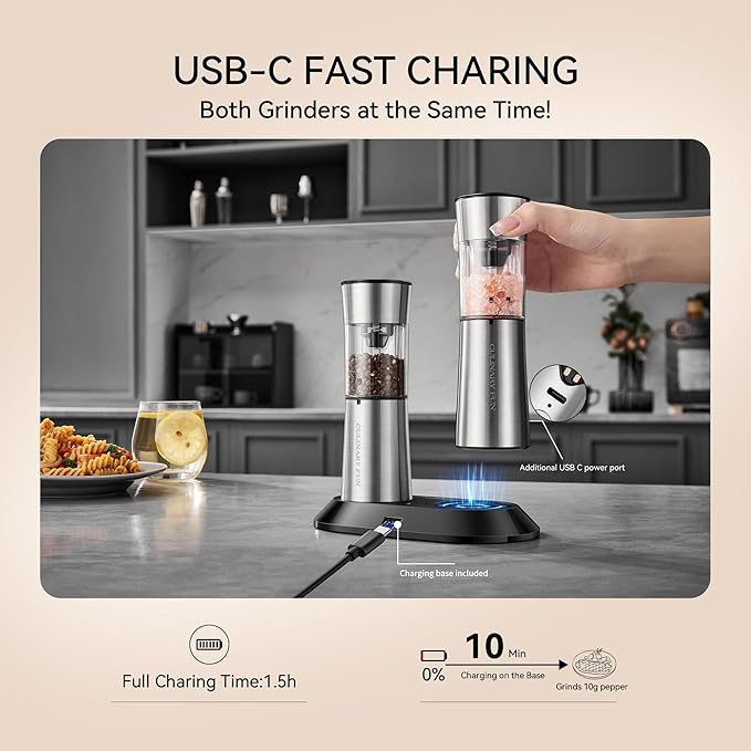 Electric Salt and Pepper Grinder Set ??Rechargeable Pepper Mill with USB-C Charging Base, Dual LED Light, Automatic One-Handed Mill for Kitchen & Cooking, Cream Brown Design, 2 Pack
