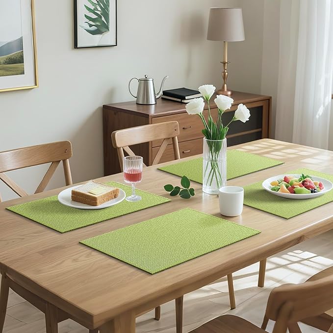 Blue Forest | Rectangular Faux Linen Placemats Set of 8 | Dual- Layered Thickened for Durability | Heat Resistant | Machine Washable | Wrinkle Free for Easy Care Indoor/Outdoor Use - Grass Green