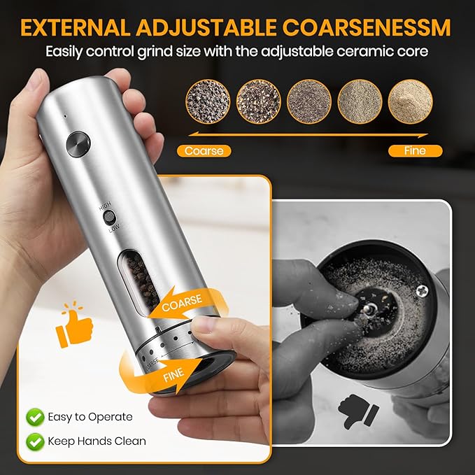 Electric Salt Grinder Set with Rechargeable Base Stainless Steel Grinders with Variable Grinding Speed, External Adjustable Coarseness and White LED Light, Silver