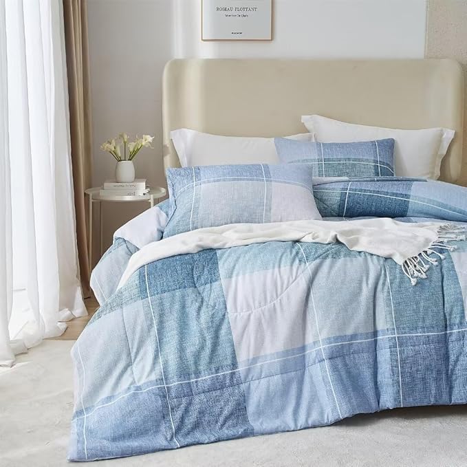 LifeTB Queen Comforter Set Modern Style Checkered Pattern Comforter for Men Boys Blue Plaid Printed Geometric Comforter with 2 Pillow Shams Fluffy Boho Grid Checkered Comforter Set Queen Size