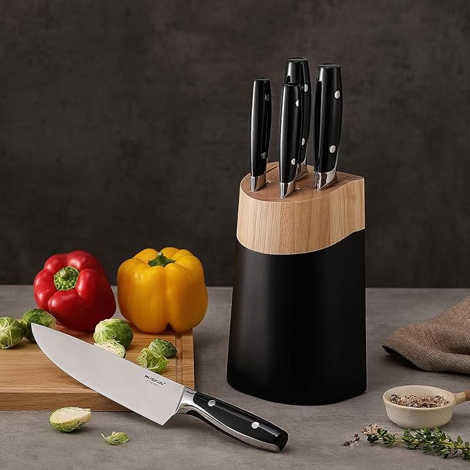 6-Piece Knife Block Sets，Stainless Steel Kitchen Knife Set with Block ??High Carbon Black Knives, Dishwasher Safe，Holiday Gift