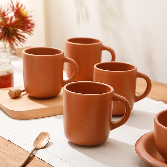 Bloomhouse - Two Time Oprah's Favorite Things Winner - Corsica Clay 4-Piece Mug Set ??Burnt Apricot Terracotta Stoneware Coffee & Tea Cups, Durable Ceramic Drinkware