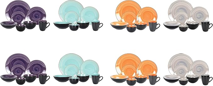 Stoneware Sonoma Dinnerware Set, Black + Speckled Spin Wash (56pc Set, Mix Grey, Orange, Purple, Turquoise)