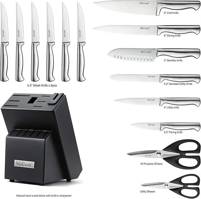 McCook짰 Knife Sets, German Stainless Steel Knife Block Sets with Built-in Sharpener