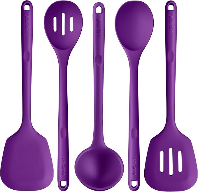 Silicone Kitchen Cooking Utensil Set: U-Taste 600쨘F Heat Resistant 13.6in Extra Long Kitchen Tools, Food-Grade Non-Stick Spatula Turner Spoon Ladle for Stir Frying, Serving, Mixing (5 Pieces, Purple)