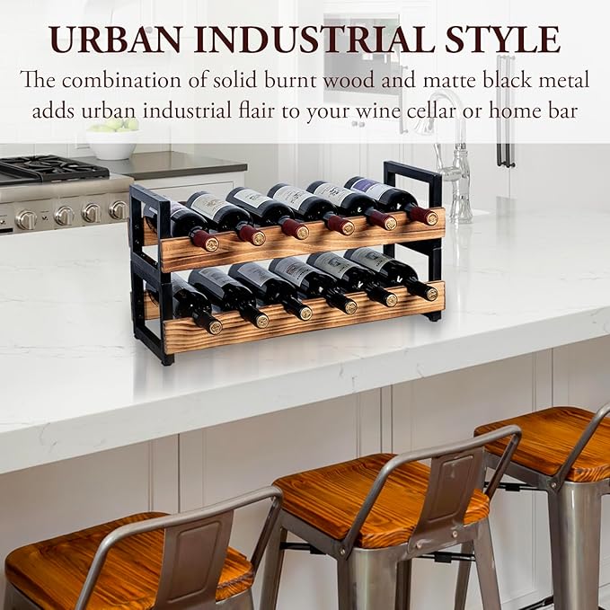 MyGift 6-Tier Wine Rack for 36 Bottles ??Freestanding Industrial Wine Bottle Holder with Burnt Wood Shelves & Black Metal Frame ??Large Horizontal Storage Stand for Home Bar, Kitchen, Cellar