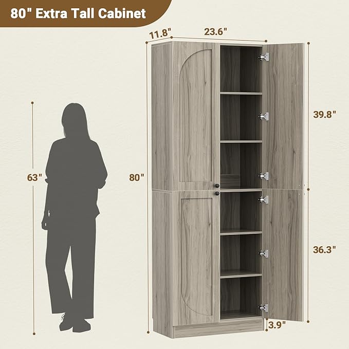 Cyclysio 80" Kitchen Pantry, Extra Tall Arch Storage Cabinet with 4 Doors and Adjustable Shelves, Freestanding Wood Cupboard with Seamless Fit Wall for Dining Living Room Bathroom Furniture (Ash Grey)