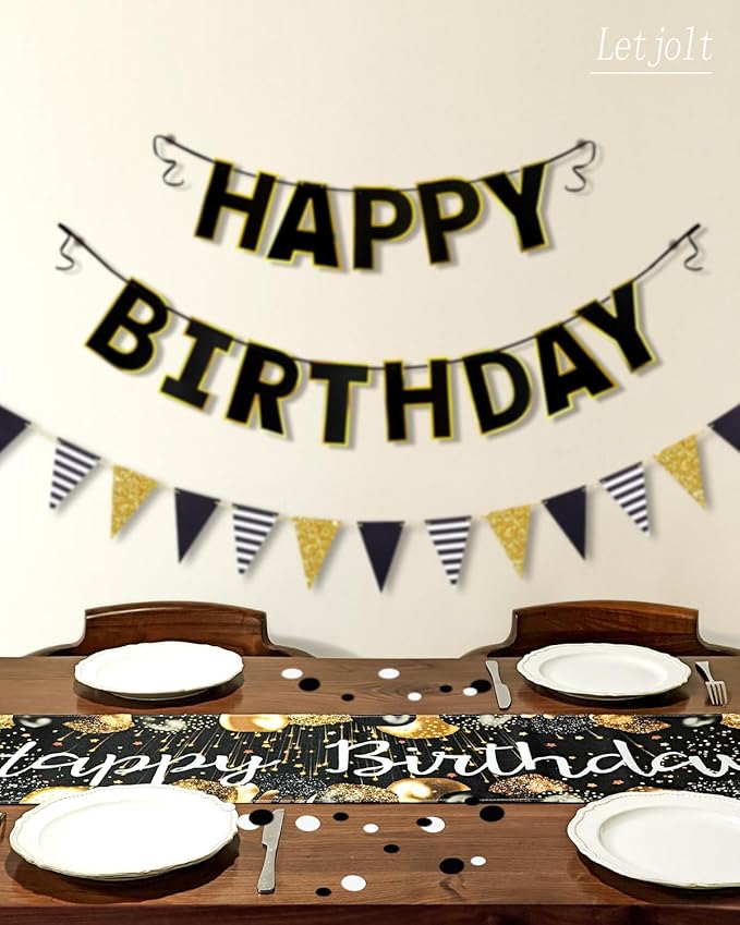 Happy Birthday Table Runner 1920s Birthday Party Decorations Black and Golden Birth Party Sign Vintage Style