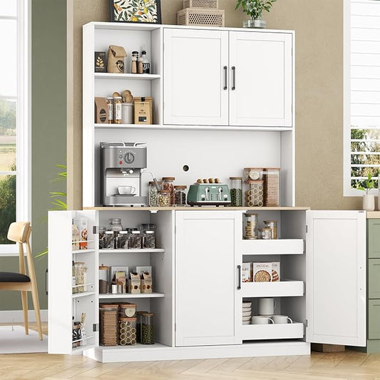 71" Tall kitchen Pantry Storage Cabinet, Modern Kitchen Hutch with 3 Pull-out Drawers, Kitchen Pantries with Microwave Stand & Door Shelf, Food Pantry with Adjustable Shelves for Dining Room (White)