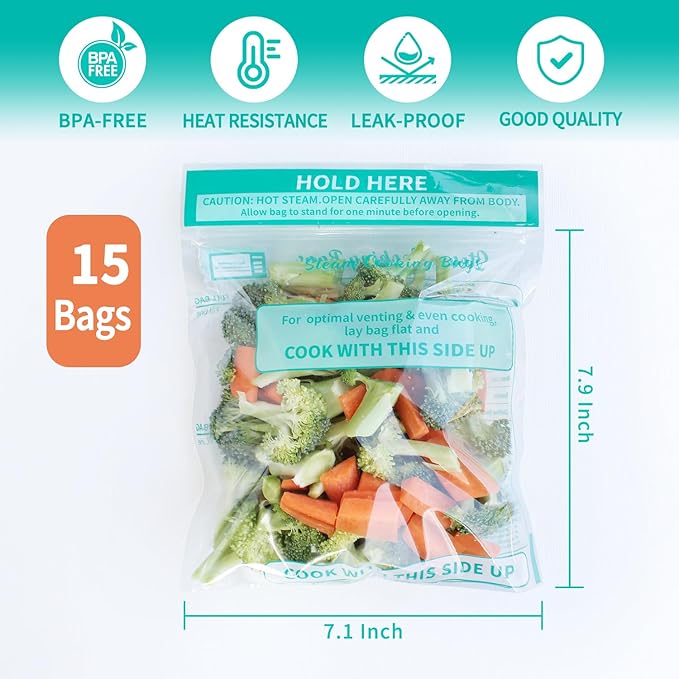 Steamer Bags 30 Pack Zip Steam Vegetable Cooking Bag for Potatoes Meat, 7.1 X 7.9 Inches