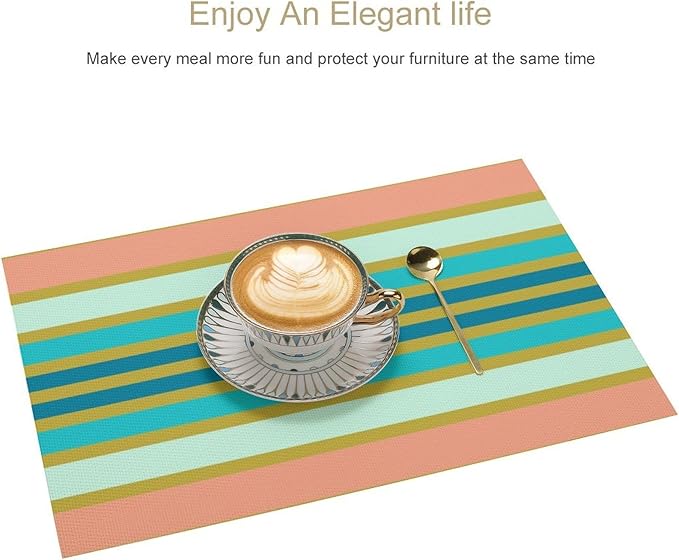 Colorful Stripes Placemat, Set of 4 Heat Resistant PVC Place Mats for Kitchen Table
