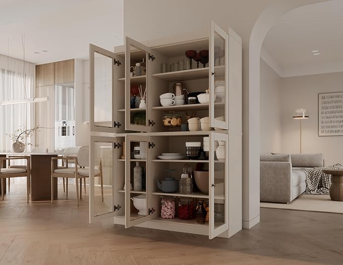 Palace Imports 100% Solid Wood 48.5" Pantry China Cabinet with Clear Glass Doors and Adjustable Shelves (Beige)