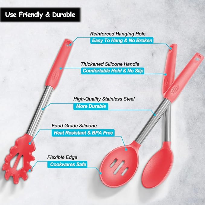 Silicone Spatula and Cooking Spoon,5 Pack Non-Stick Cooking Utensils for Kitchen竊똇eat Resistant Solid & Slotted Spoons and Spatulas, Stainless Steel Handle Coated with Silicone,Red