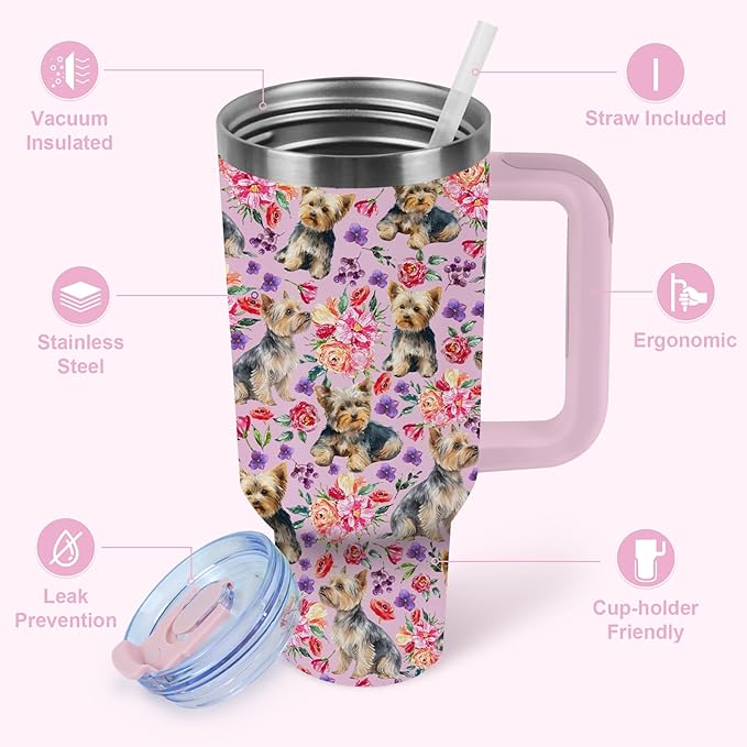 Yogusut Yorkie Gifts for Women, 40oz Stainless Steel Insulated Tumbler Travel Mug Cup with Handle Straw, Gifts for Dog Mom Dog Lover