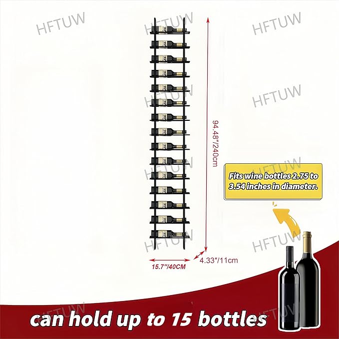 15-Bottle 1-Column Wall-Mounted Wine Rack, Black Metal Wine Bottle Holder with Vertical Design, Space-Saving Wine Storage Shelf for Home Bar, Kitchen, Restaurant & Cellar(15 Bottles, 15.75" W)