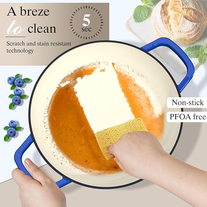 Enamelled Cast Iron Dutch Oven Pot ??Dutch Oven Pot with Lid For Sourdough Bread Baking ??Cast Iron Bread Oven ??Dark Blue, Umite Chef 6QT Pot with Lid & Cotton Potholders