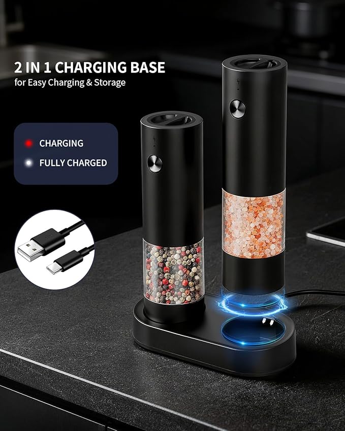 CIRCLE JOY Electric Salt and Pepper Grinder Set with 2-in-1 Charging & Storage Base, Rechargeable Automatic Pepper Mill, Adjustable Coarseness, LED Light, 140ml Capacity