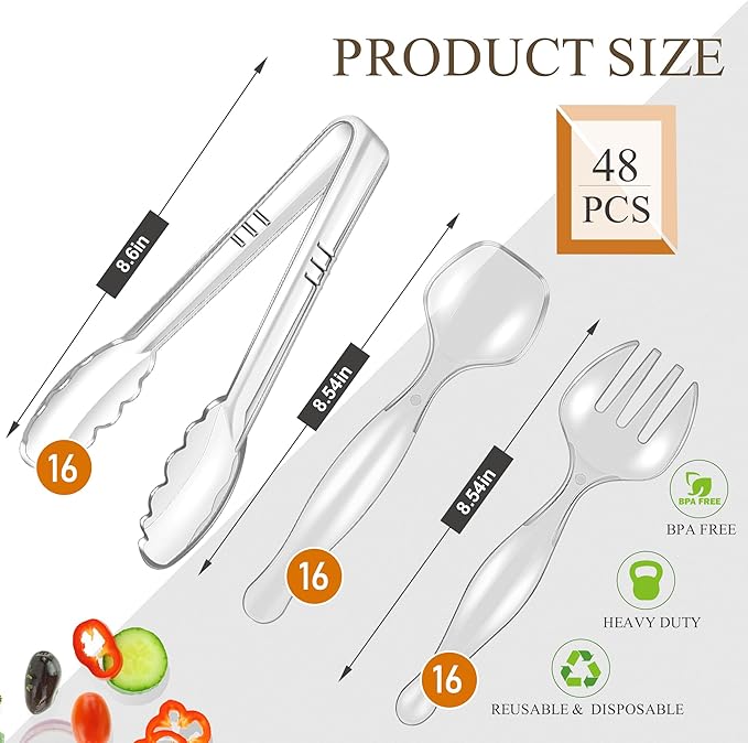 Mwellewm 48Pcs Plastic Serving Utensils 9'' Disposable Serving Spoons for Buffet Clear Forks Serving Tongs Heavy Duty Large Party Utensils Supplies for Restaurant Food Dinner Salad Noodles Soup