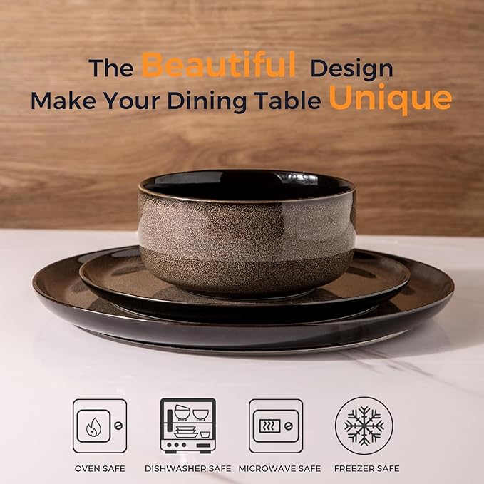 LeRatio Ceramic Dinnerware Sets for 4,12-Piece Plates and Bowls,Handmade Reactive Glaze Dishes Set, Scratch Resistant | Oven&Dishwasher & Microwave Safe,Service for 4竊?2pcs),Modern-Chestnut