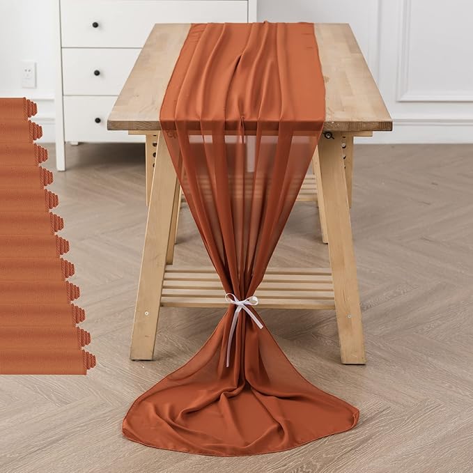 flohar 12Pack 9ft Chiffon Table Runner 14x108 Inch Sheer Romantic Table Runner for Wedding Birthday Party Bridal Shower Outdoor Decoration-Rust