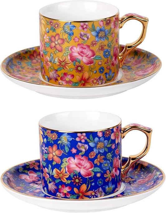 KAMMAK Tea Cups and Saucers Set of 2, Ceramic Coffee Cup with Saucer for Espresso, Cappuccino, 7oz Vintage Yellow and Blue Floral Porcelain Novelty Mug for Home, Tea Party, Office