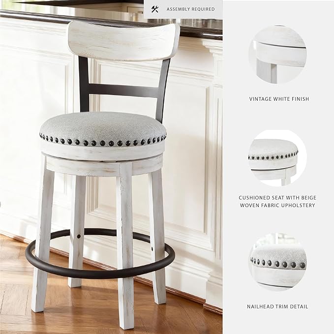 Signature Design by Ashley Valebeck | Modern Swivel 24.5" Counter Height Barstool ??Rustic-Industrial Whitewash, Upholstered Cushion, 360째 Swivel, Nailhead Trim
