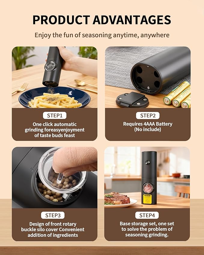 Electric Salt and Pepper Grinder Set, Upgraded Automatic Battery Pepper Mill Shakers with Adjustable Coarseness & LED, Home and Kitchen Appliances for Cooking, Housewarming Gifts 2 Pack