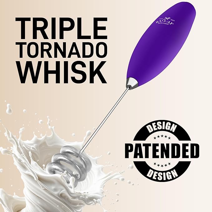 Zulay Kitchen Patented Tornado Triple Whisk Milk Frother with 4 Duracell Batteries ??Handheld Foam Maker for Coffee, Lattes, Matcha & Hot Chocolate ??Rich, Creamy Froth in Seconds