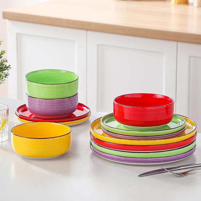 vancasso Bonita Stoneware Dinnerware Sets, 12 Pieces Dishes Set竊똏olished Round Plates and Bowls Set for 4, Dishwasher and Microwave Safe, Multicolor