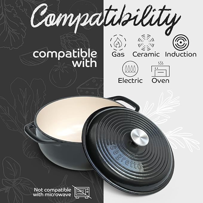Segretto Cookware Enameled Cast Iron Dutch Oven, 6 Quarts, Black