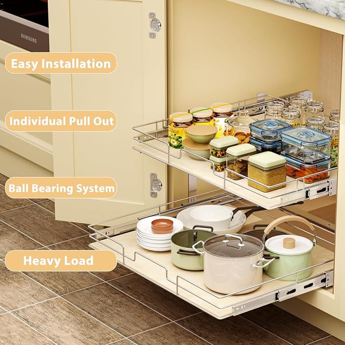 ROOMTEC 2 Tier Individual Pull Out Cabinet Organizer 28쩍"W x 21쩍"D, Slide Out Wood Shelves Organizers, Pull Out Drawers Organization and Storage for Kitchen Cabinet