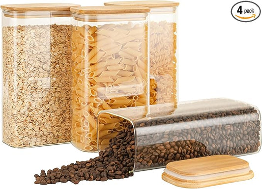 56oz Rectangle Airtight Glass Storage Containers with Bamboo Lids (Set of 4), Square Food Storage Jar, Pantry Organizers for Oats, Cereal, Pasta and Coffee beans (?럚ith Black Lable)