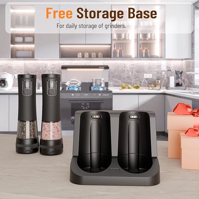 Electric Salt and Pepper Grinder Set With Battery Display Rechargeable Base, External Adjustable Coarseness, Automatic Ceramic Salt & Pepper Shakers Mills(Black Pro)