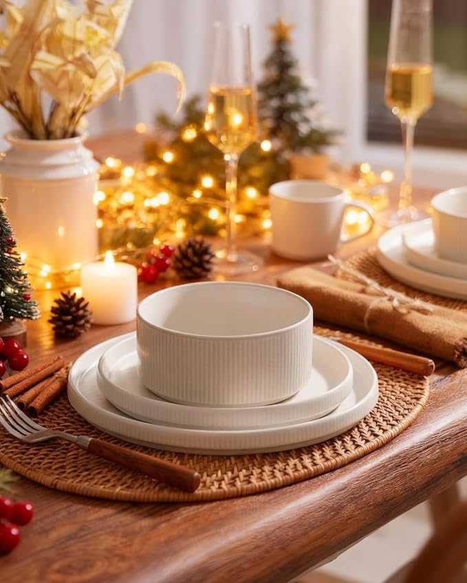 Famiware Star Dinnerware Set with Mugs, Service for 6 (24 Pieces), Ribbed Stoneware Plates and Bowls Dishes Sets - Chip & Scratch Resistant, Microwave & Dishwasher Safe, Matte White