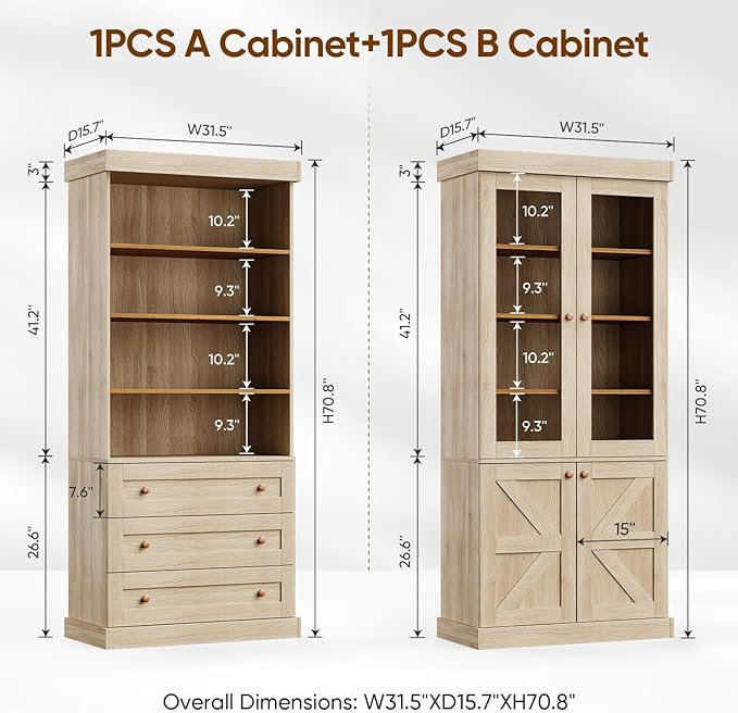 Vyre 71" Tall Farmhouse Kitchen Pantry, Large Storage Cabinets with Glass Doors, Freestanding Wood Hutch Cabinet with 3 Drawers & Adjustable Shelves for Living Room & Dining Room, Brown, Set of 3