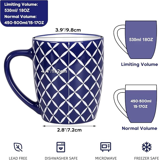 Schliersee 18 OZ Large Coffee Mugs Set of 6, Ceramic Mug for Man Woman, Blue White Geometric Floral Porcelain Cup for Latte, Tea, Cappuccino, Mocha, Cocoa, Housewarming Wedding Mug Present
