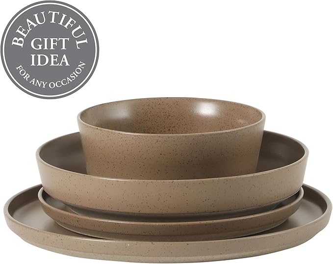 Gibson Elite Overbrook 16-Piece Pottery Clay Stoneware Dinnerware Set ??Terraccotta Brown Reactive Glaze, Stackable Plates and Bowls w/Pasta Bowl, Service for 4 ??Microwave & Dishwasher Safe