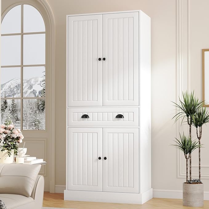 4 EVER WINNER 72" Tall Pantry Cabinet, Farmhouse Storage Cabinet with Adjustable Shelves and Drawers, Rustic Wood Cupboard for Kitchen, Dining, Living Room, White