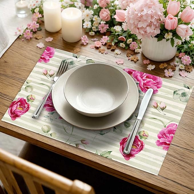 Jauageon Red Peony Flowers Placemat Set of 4 Spring Floral Placemats Spring Summer Eucalyptus Table Mats for Indoor Outdoor Home Party Kitchen Dining Decor Farmhouse Burlap Table Mats 12x18 Inch