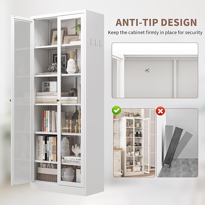 Kitchen Pantry Storage Cabinets with Glass Doors and 5 Adjustable Shelves, 72" Tall Kitchen Cupboard Metal Pantry Cabinet for Home Office Living Dining Room, Assembly Required (White)