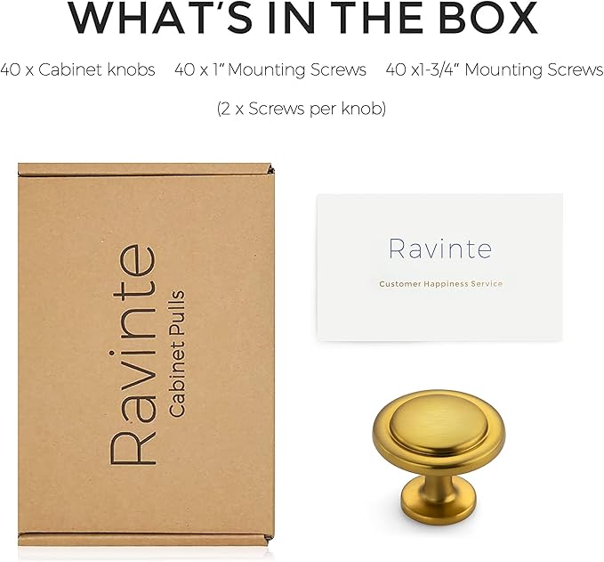 Ravinte 40 Pack 1-1/4 Inch Kitchen Cabinet Knobs - Brushed Brass Zinc Drawer Pulls and Door Handles for Dressers