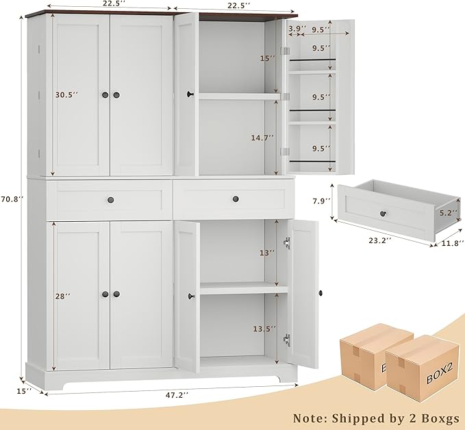 71" Kitchen Pantry Cabinet with 6 Door Shelves, Tall Pantry Storage Cabinet with 8 Doors & 4 Adjustable Shelves, Modern Kitchen Pantry with 2 Large Drawers for Dining Room, Living Room, White
