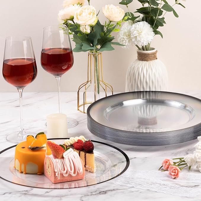 Goodluck 12 Inch Charger Plates, 25 Pack Clear Charger Plates with Black Trim, Plastic Charger Plate Bulk for Dinner, Wedding, Party, Event Decoration, Clear&Black