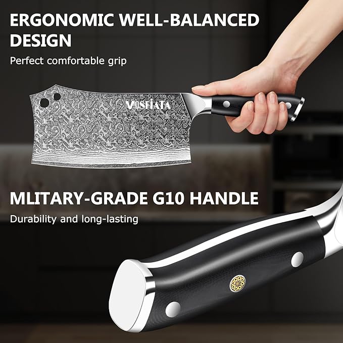 MOSFiATA Damascus 7??Cleaver Knife竊똗ltra Sharp Vegetable and Meat Butcher Knife with Finger Guard for Home Kitchen and Restaurant
