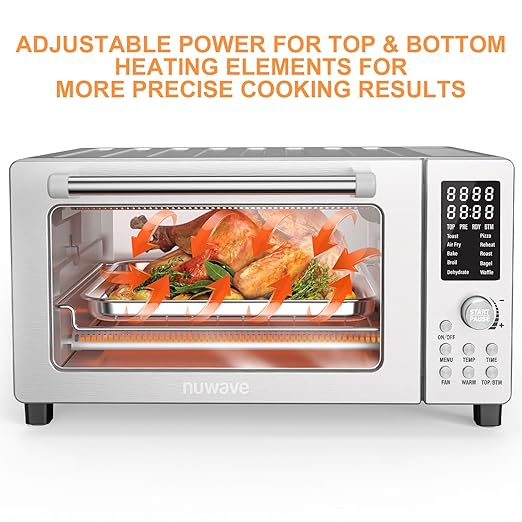 Nuwave Bravo Air Fryer Toaster Smart Oven, 10-in-1 Countertop Convection, 1800 Watts, 21-Qt Capacity, 50째-450째F Temp Controls, Top and Bottom Heater Adjustments 0%-100%, PFAS Free, Stainless Steel