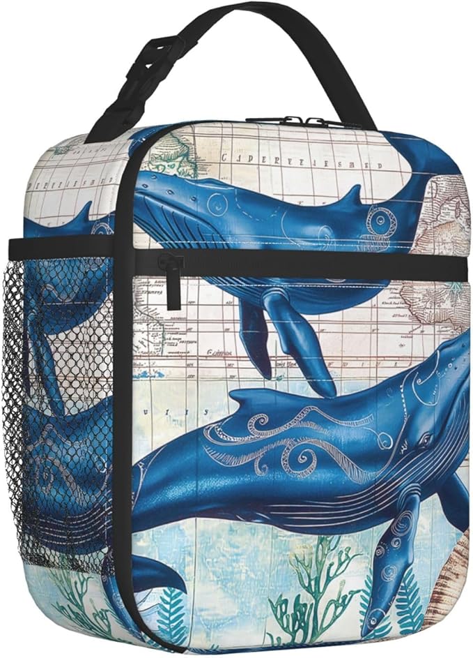 VANZEV Vintage Ocean Whale Lunch Box for Adults Women Girls Boys Kids Nautical Ocean Animal Lunch Box Insulated Cooler Reusable Lunch Bag Container Gifts for Work Office Picnic Travel School